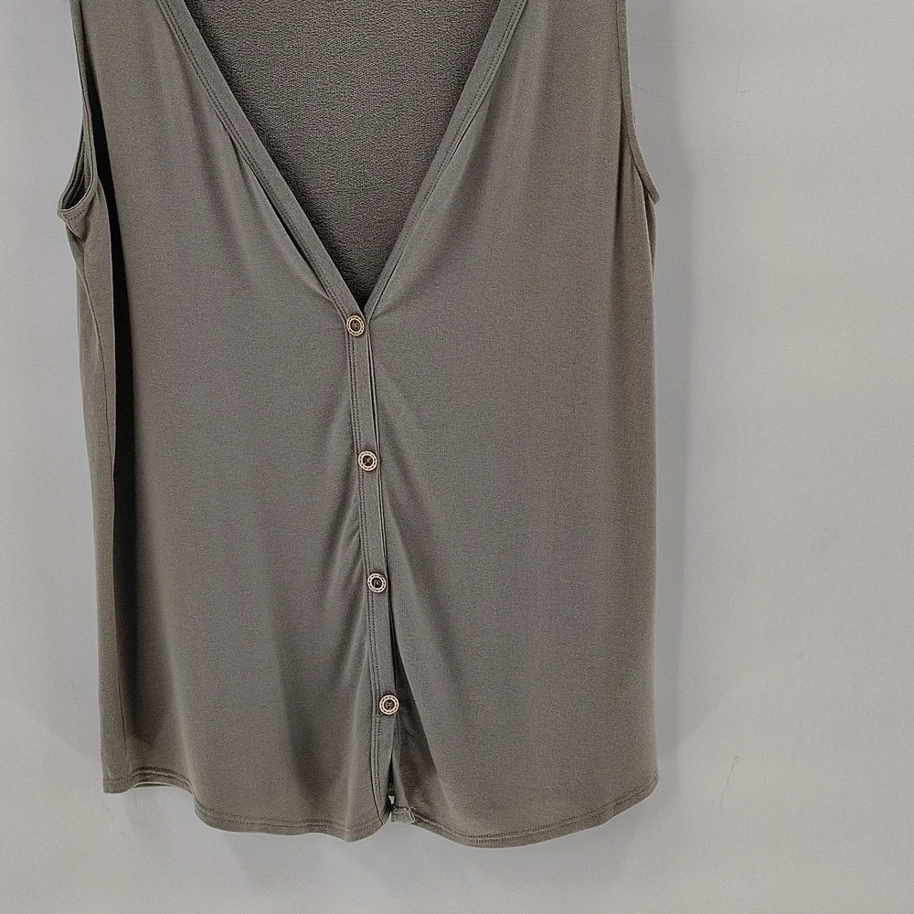 Fantastic Fawn Button Up Sleeveless Blouse Size Large Green V Neck Oversized